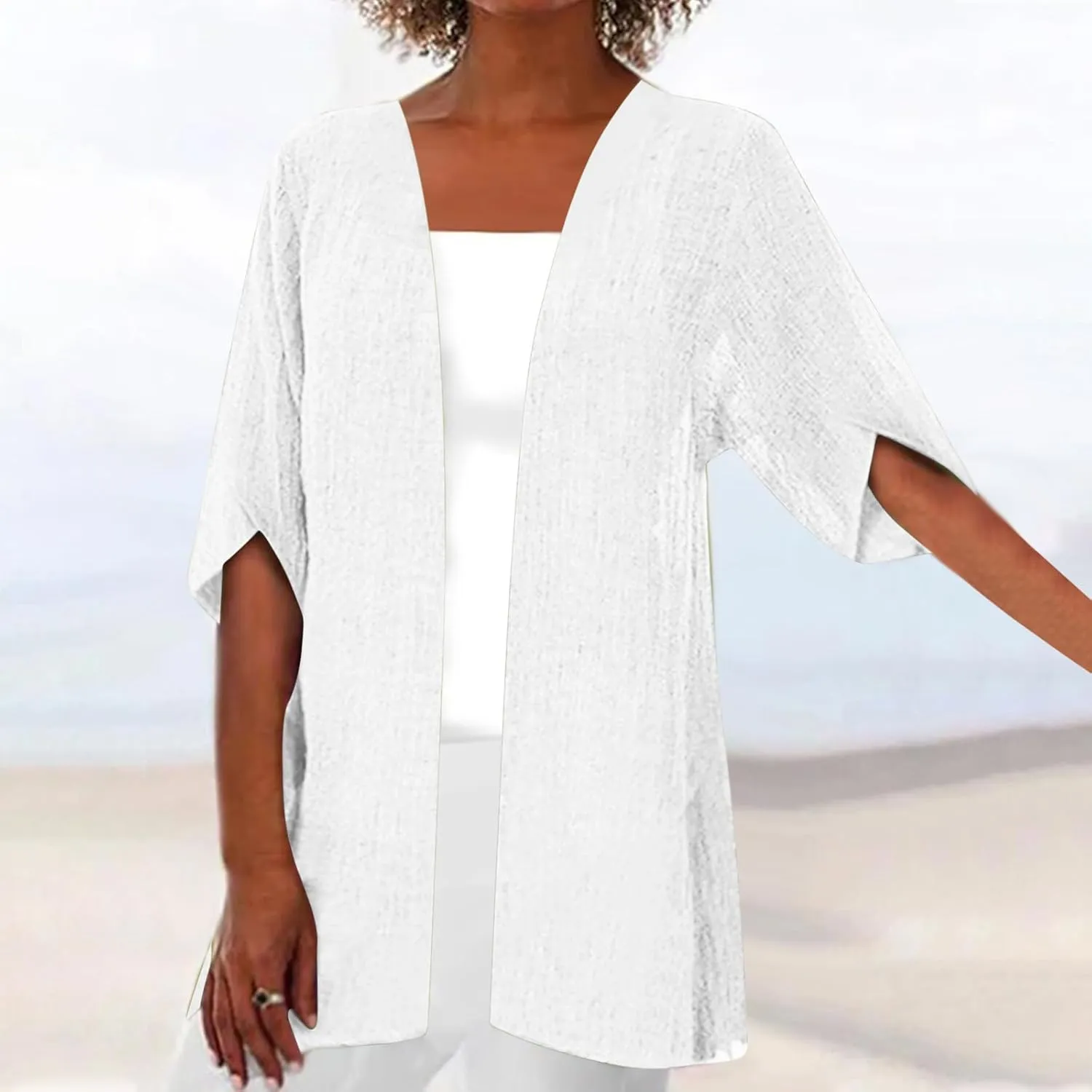 Womens Lightweight Linen Cardigan 2025 Summer Half Sleeve Open Front Beach Coverup Plus Size Sun Protection Clothing