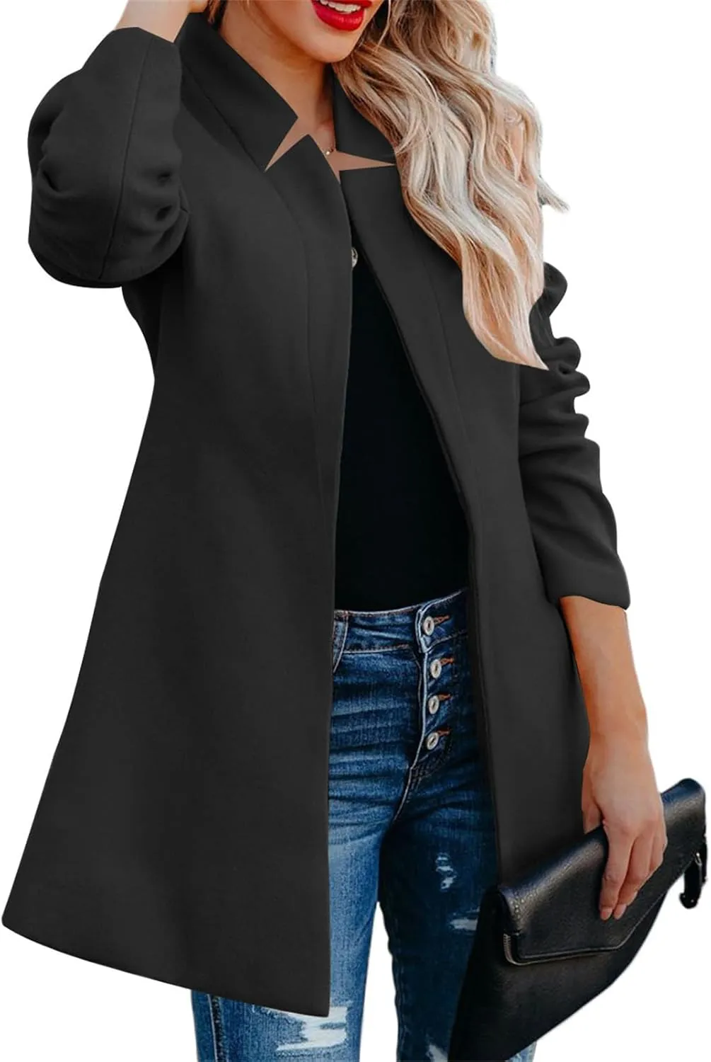 Womens Open Front Jackets Casual Basic Stand Collar Jackets Long Sleeve Trench Coats Warm Winter Coats Wool Pea Coat