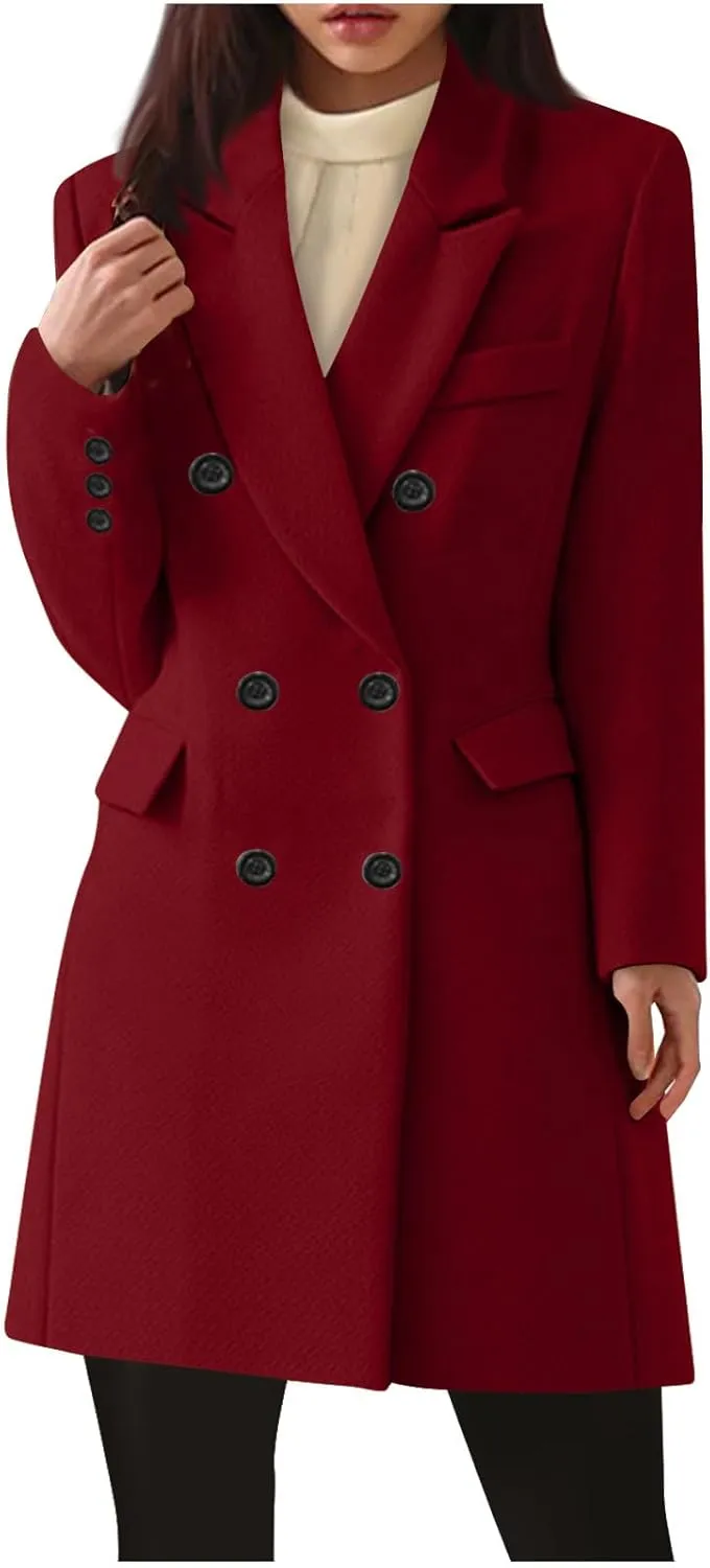 Womens Pea Coat Plus Size Wool Coat Long Winter Coat Elegant Dress Coat Office Work Jacket Business Casual Coats