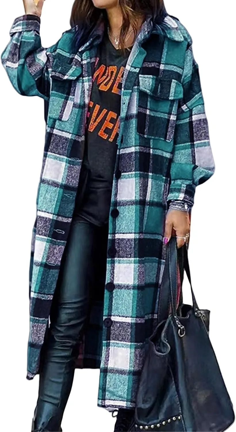 Womens Plaid Long Jacket Flannel Lapel Button Down Shirts Oversize Tartan Shacket Jacket Casual Fleece Trench Coats