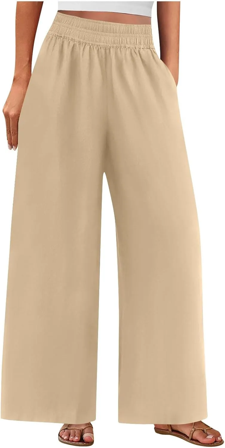 Womens Wide Leg Linen Pants 2025 Summer Casual Palazzo Pants Smocked Elastic Waist Spring Beach Trousers with Pockets