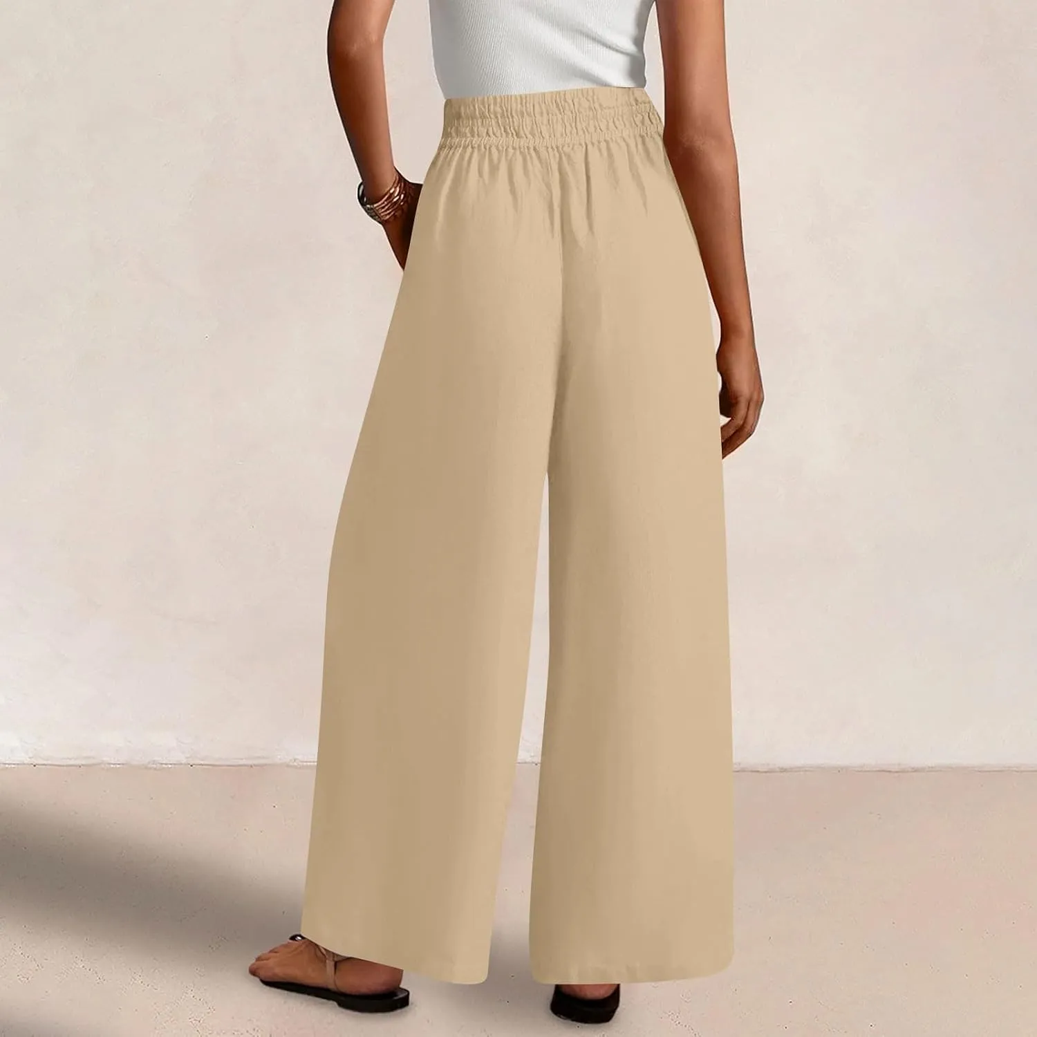 Womens Wide Leg Linen Pants 2025 Summer Casual Palazzo Pants Smocked Elastic Waist Spring Beach Trousers with Pockets