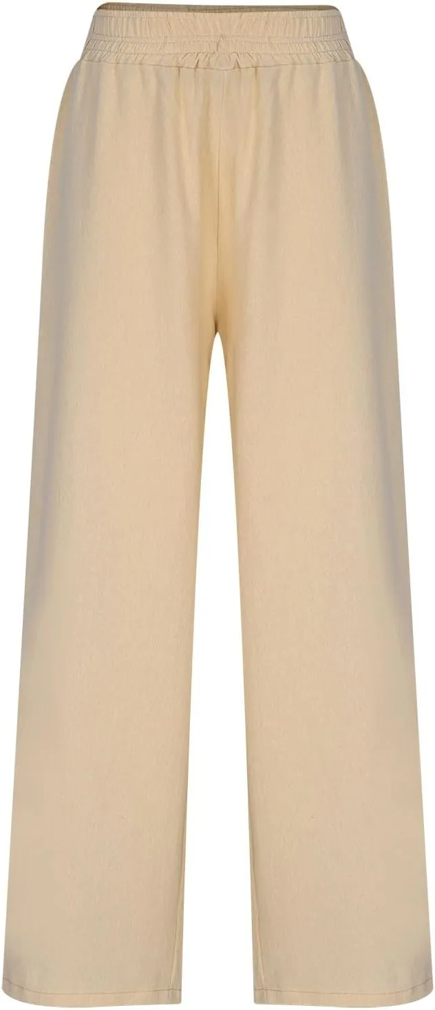 Womens Wide Leg Linen Pants 2025 Summer Casual Palazzo Pants Smocked Elastic Waist Spring Beach Trousers with Pockets