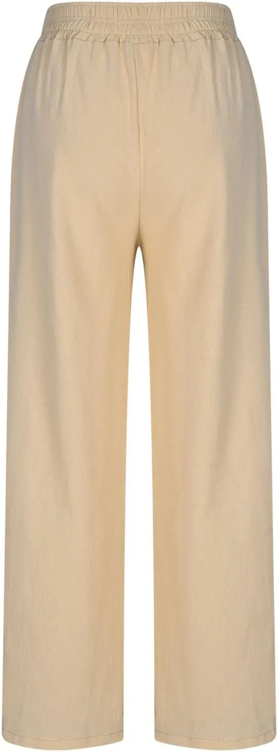 Womens Wide Leg Linen Pants 2025 Summer Casual Palazzo Pants Smocked Elastic Waist Spring Beach Trousers with Pockets