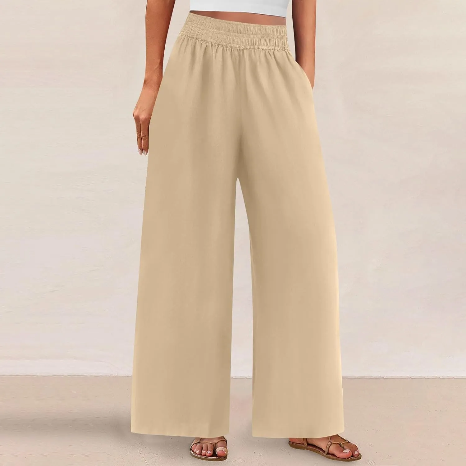Womens Wide Leg Linen Pants 2025 Summer Casual Palazzo Pants Smocked Elastic Waist Spring Beach Trousers with Pockets