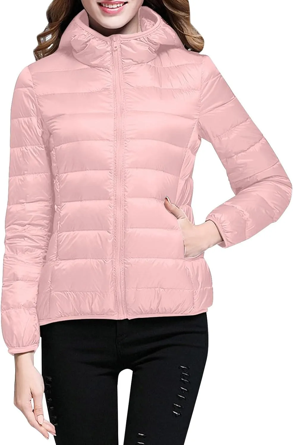 Women's Winter Casual Quilted Jackets Hooded Color Block Outerwear Jackets Fall Fashion Open Front Coats