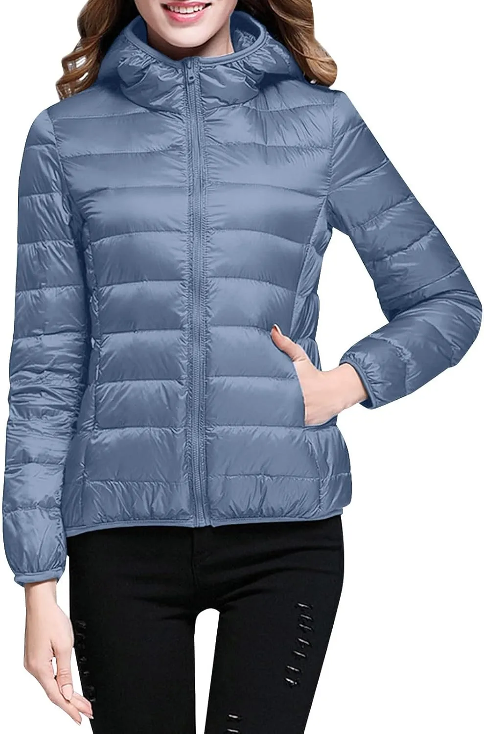 Women's Winter Casual Quilted Jackets Hooded Color Block Outerwear Jackets Fall Fashion Open Front Coats