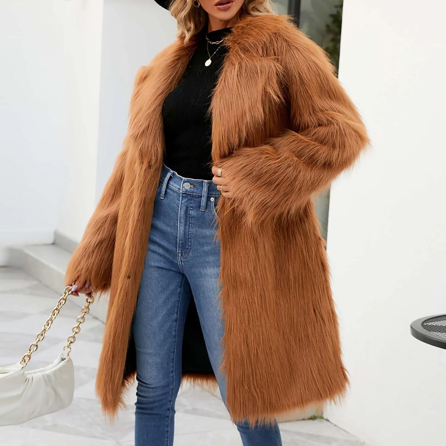 Women's Winter Faux Fur Coats Fuzzy Luxury Faux Fur Mid-Length Jacket Fluffy Thicken Long Sleeve Open Front Cardigan