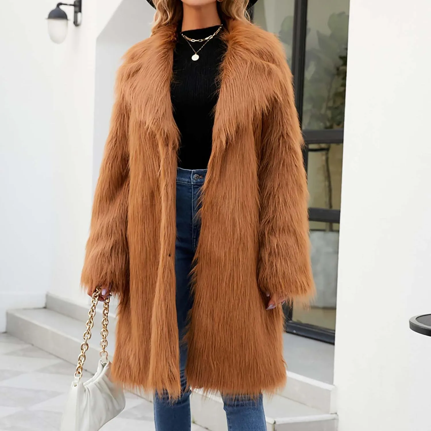 Women's Winter Faux Fur Coats Fuzzy Luxury Faux Fur Mid-Length Jacket Fluffy Thicken Long Sleeve Open Front Cardigan