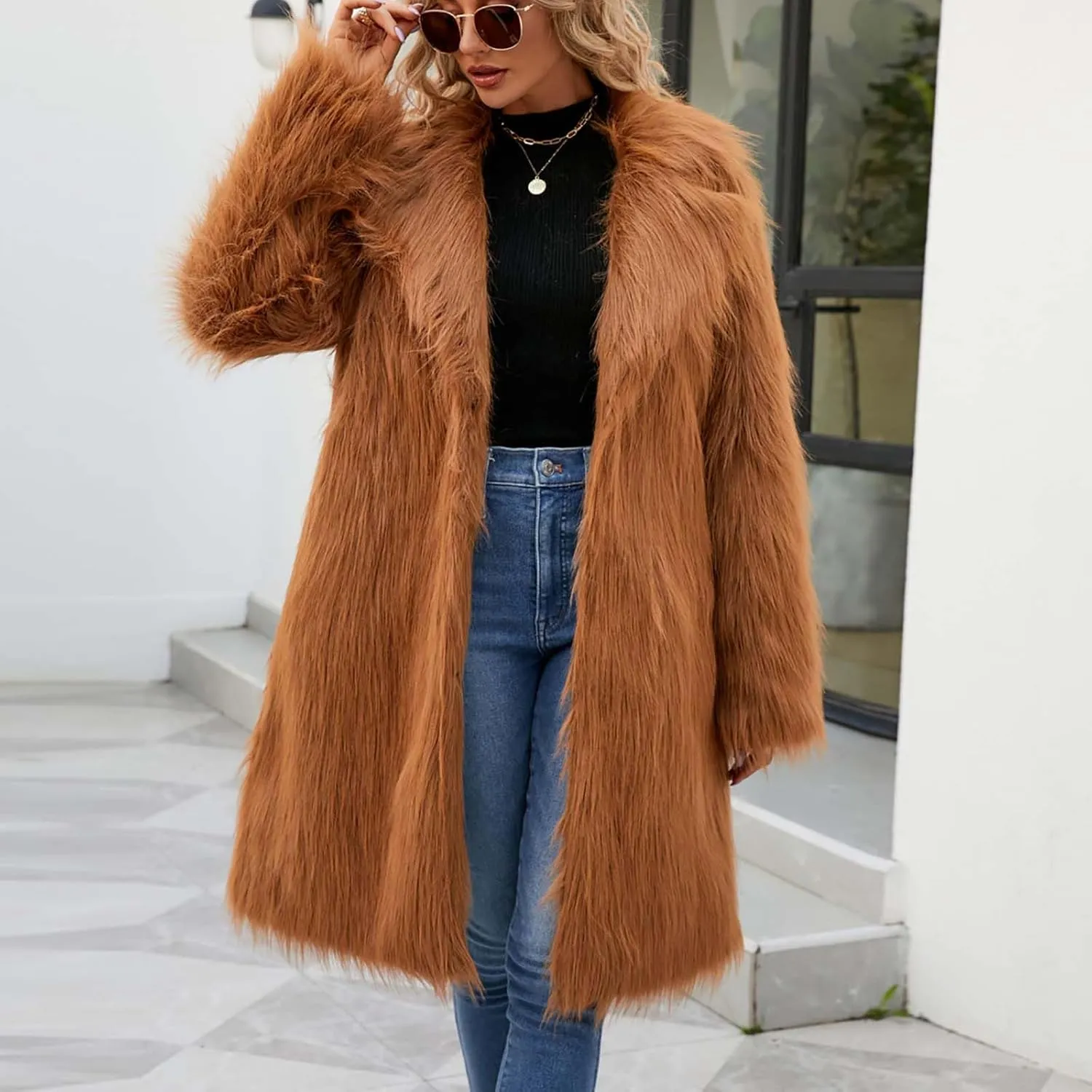 Women's Winter Faux Fur Coats Fuzzy Luxury Faux Fur Mid-Length Jacket Fluffy Thicken Long Sleeve Open Front Cardigan