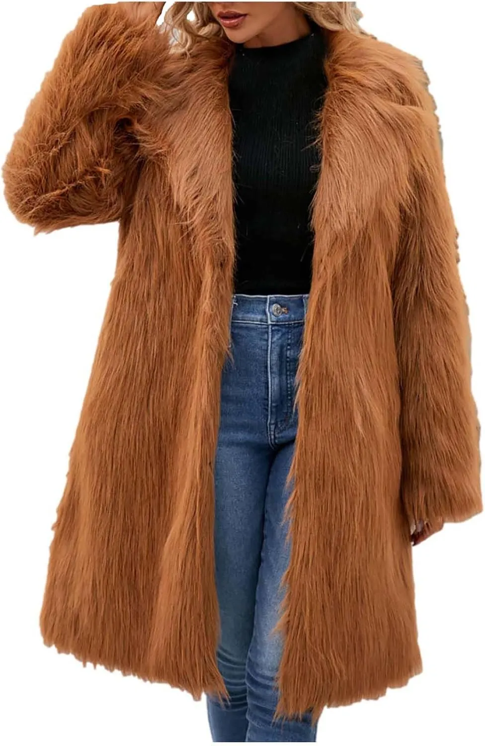 Women's Winter Faux Fur Coats Fuzzy Luxury Faux Fur Mid-Length Jacket Fluffy Thicken Long Sleeve Open Front Cardigan