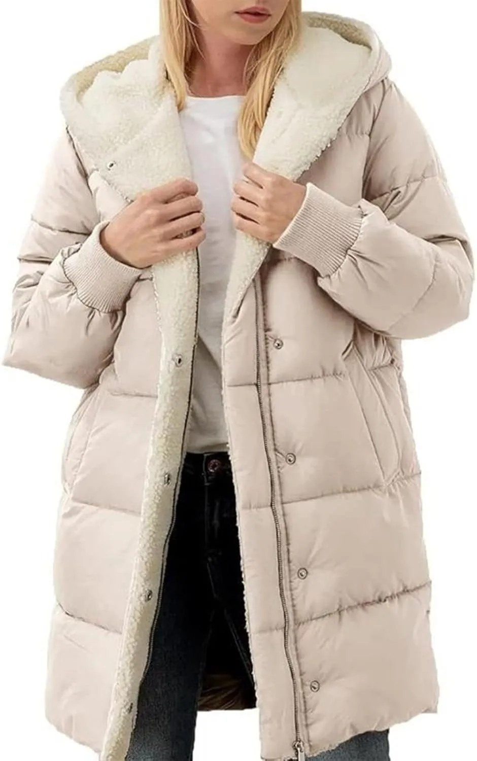 Women's Winter Puffer Coat Thicken Fleece Lined Down Jacket Warm Sherpa Coats Long Hooded Snow Jackets