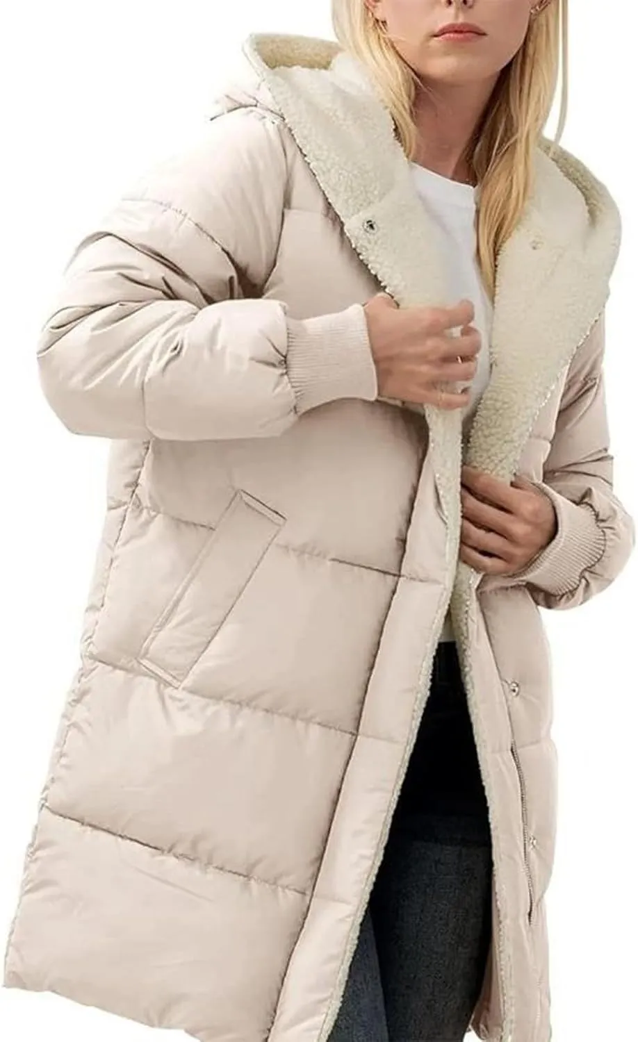 Women's Winter Puffer Coat Thicken Fleece Lined Down Jacket Warm Sherpa Coats Long Hooded Snow Jackets