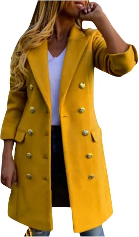 Women's Wool Coats Double Breasted Lapel Pea Coat Casual Mid Length Overcoat 2024 Winter Trench Coats with Pockets
