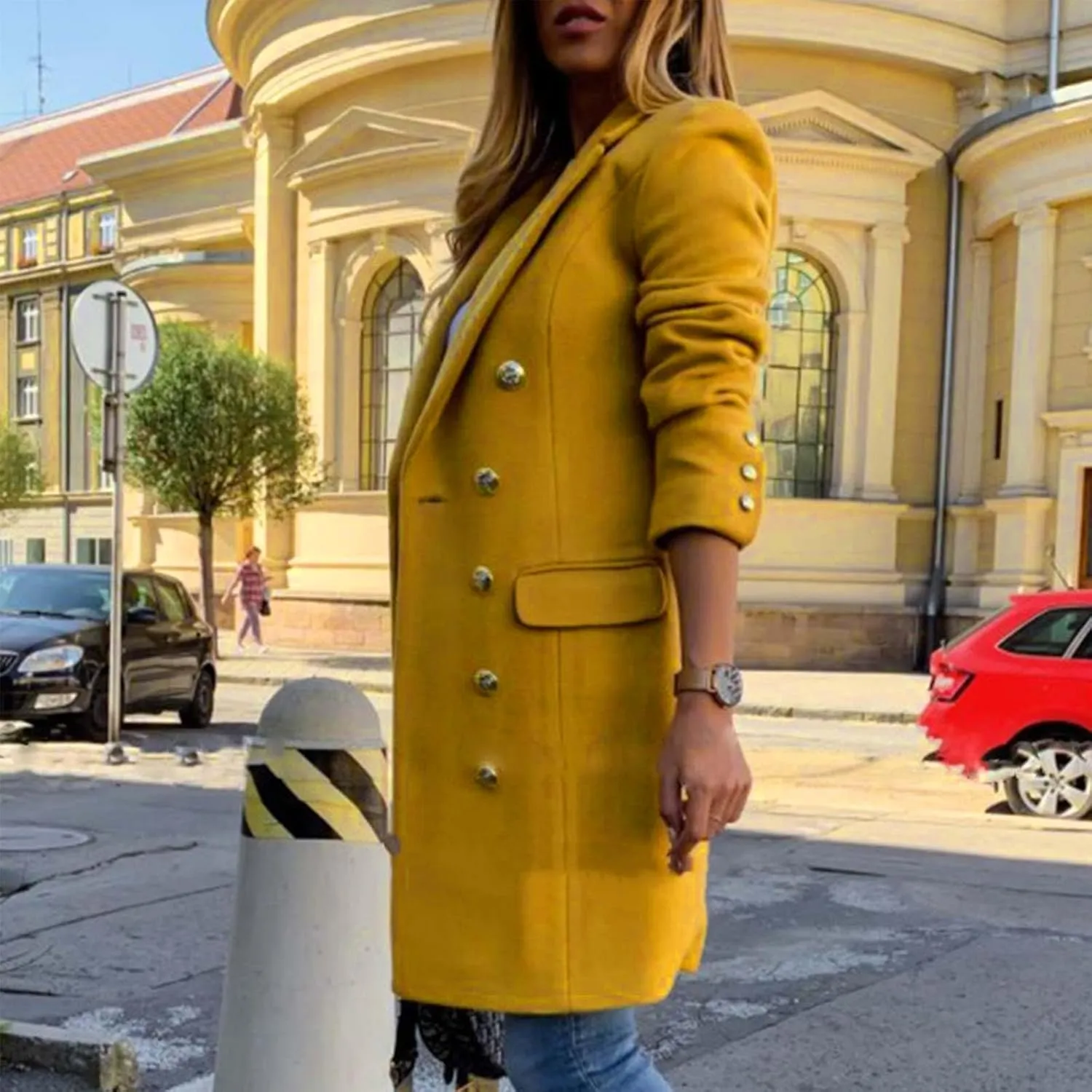Women's Wool Coats Double Breasted Lapel Pea Coat Casual Mid Length Overcoat 2024 Winter Trench Coats with Pockets