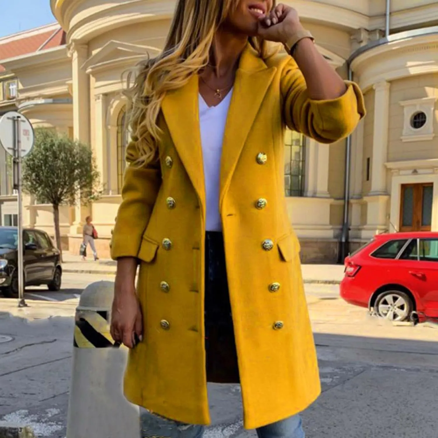 Women's Wool Coats Double Breasted Lapel Pea Coat Casual Mid Length Overcoat 2024 Winter Trench Coats with Pockets
