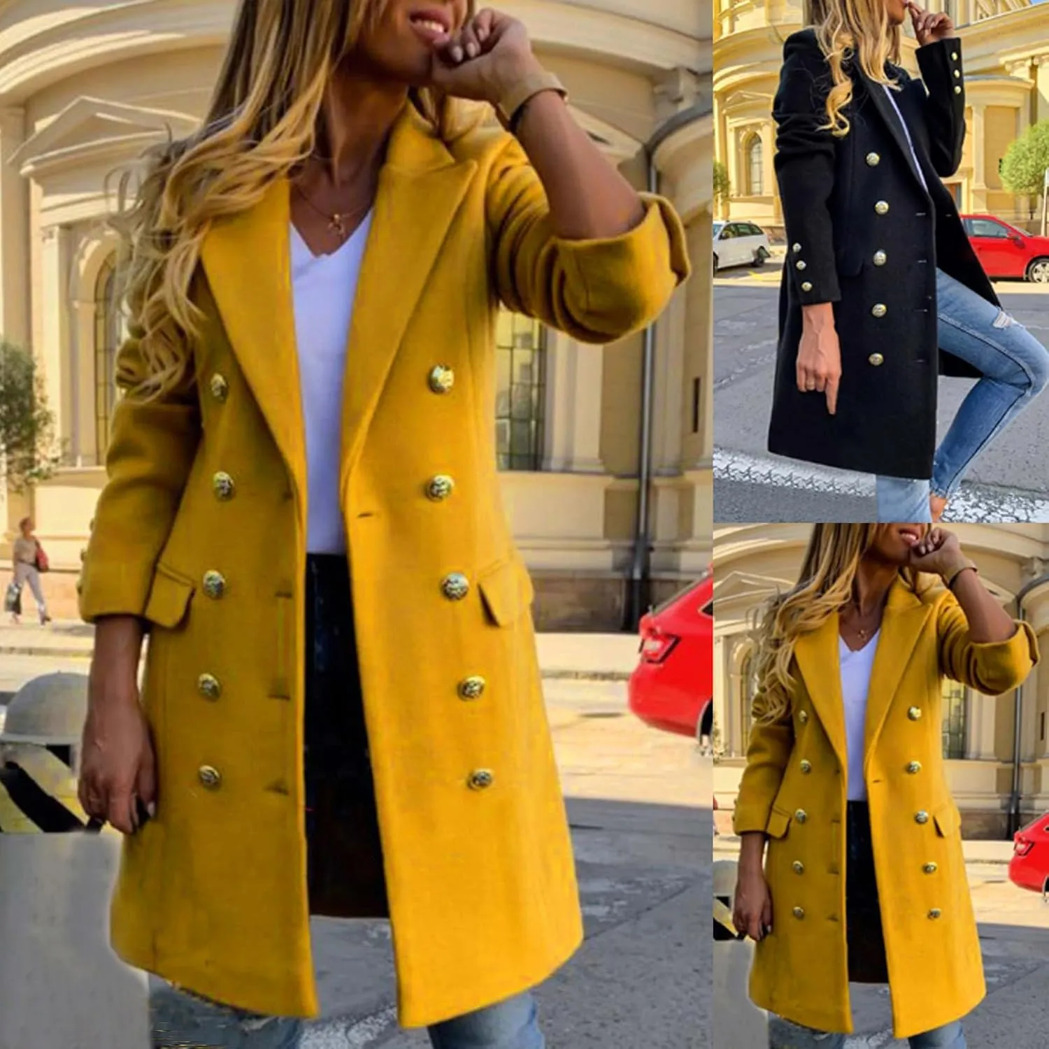 Women's Wool Coats Double Breasted Lapel Pea Coat Casual Mid Length Overcoat 2024 Winter Trench Coats with Pockets