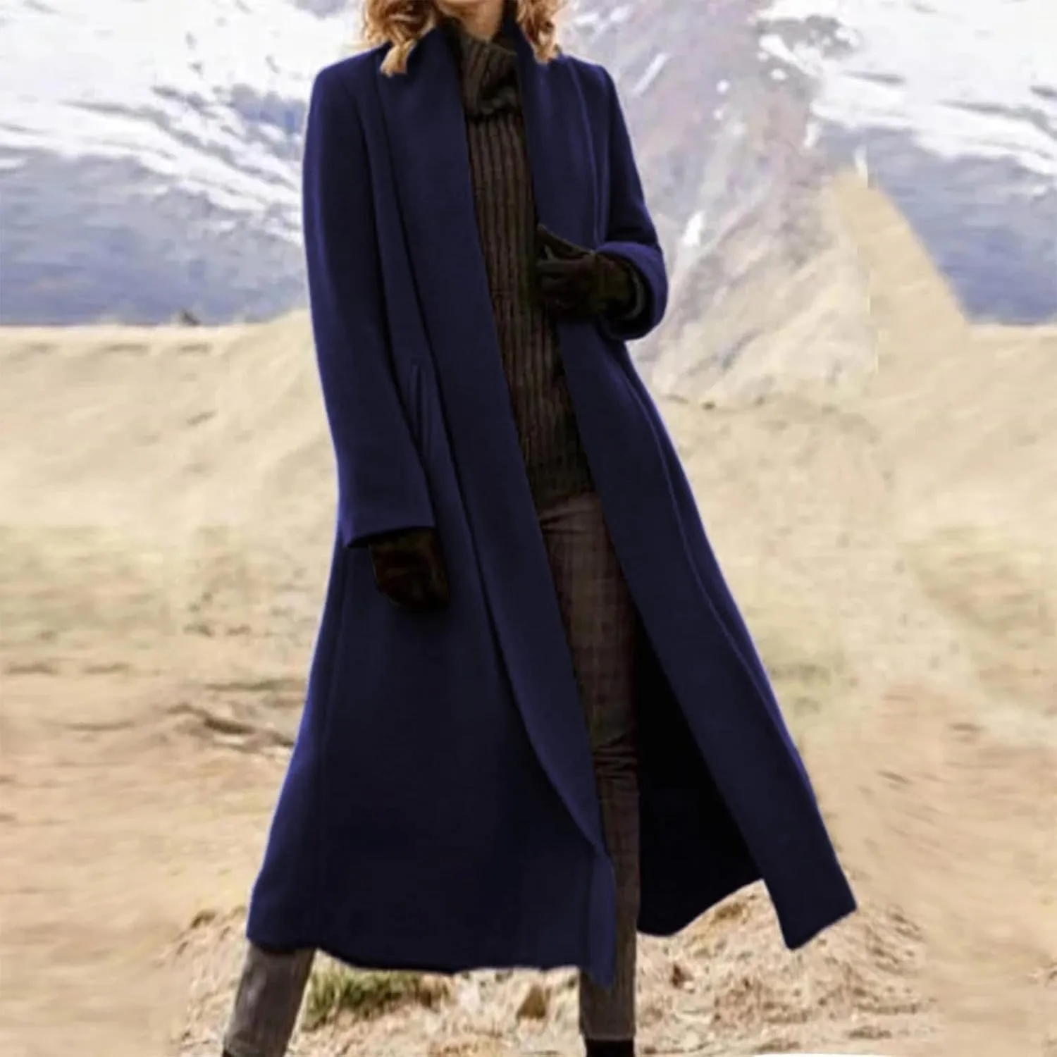 Women's Wool Coats Oversized Notched Collar Pea Coats Casual Open Front Long Winter Jackets Formal Work Trench Coat