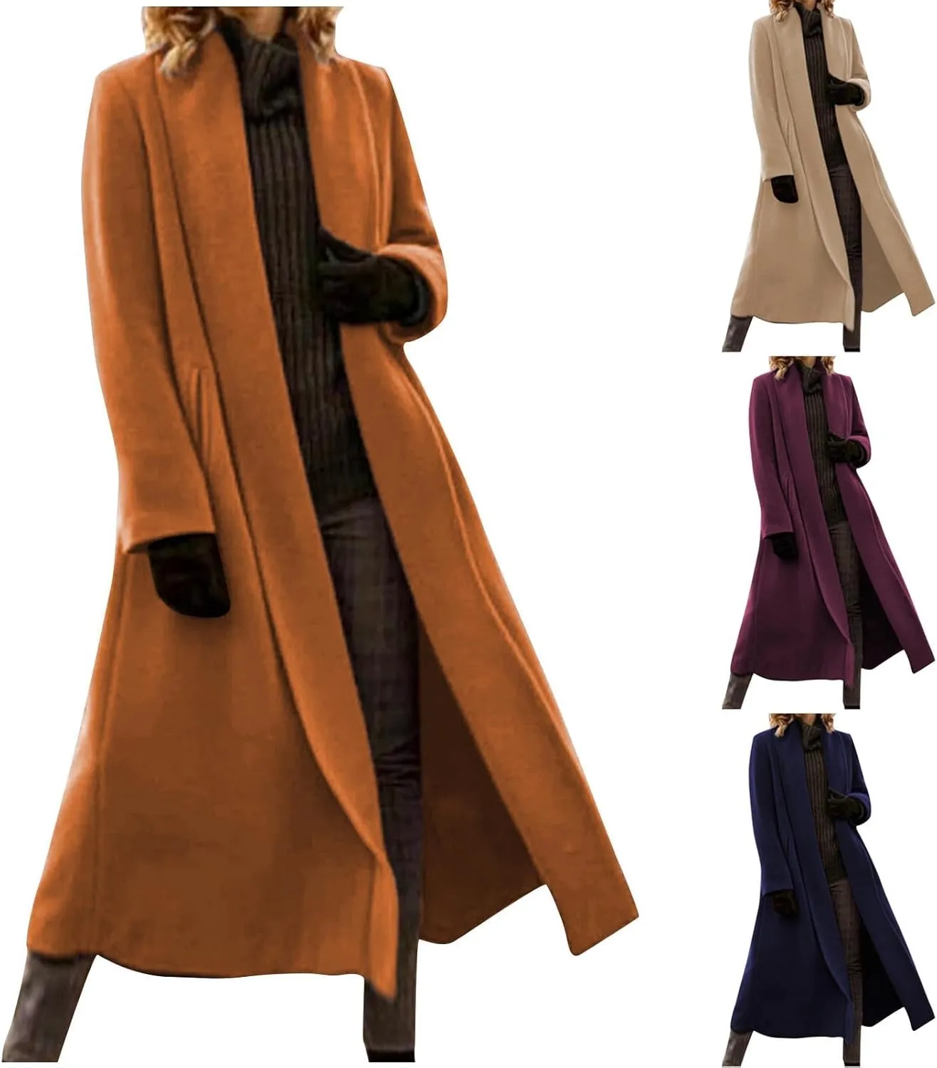 Women's Wool Coats Oversized Notched Collar Pea Coats Casual Open Front Long Winter Jackets Formal Work Trench Coat