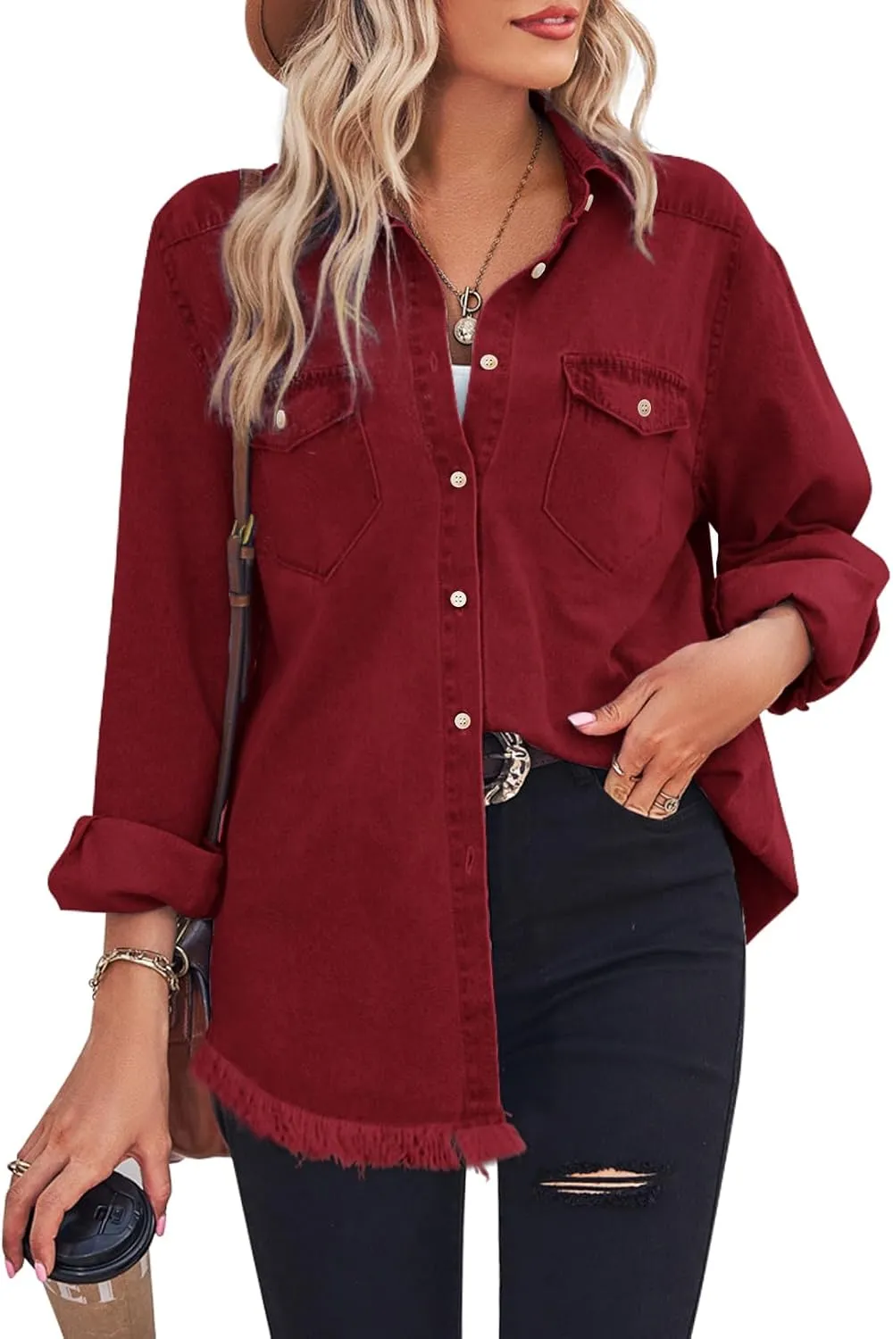 Zilcremo Women Denim Shirt Chambray Collared Jean Shirts Long Sleeve Pocket Button Down Blouses