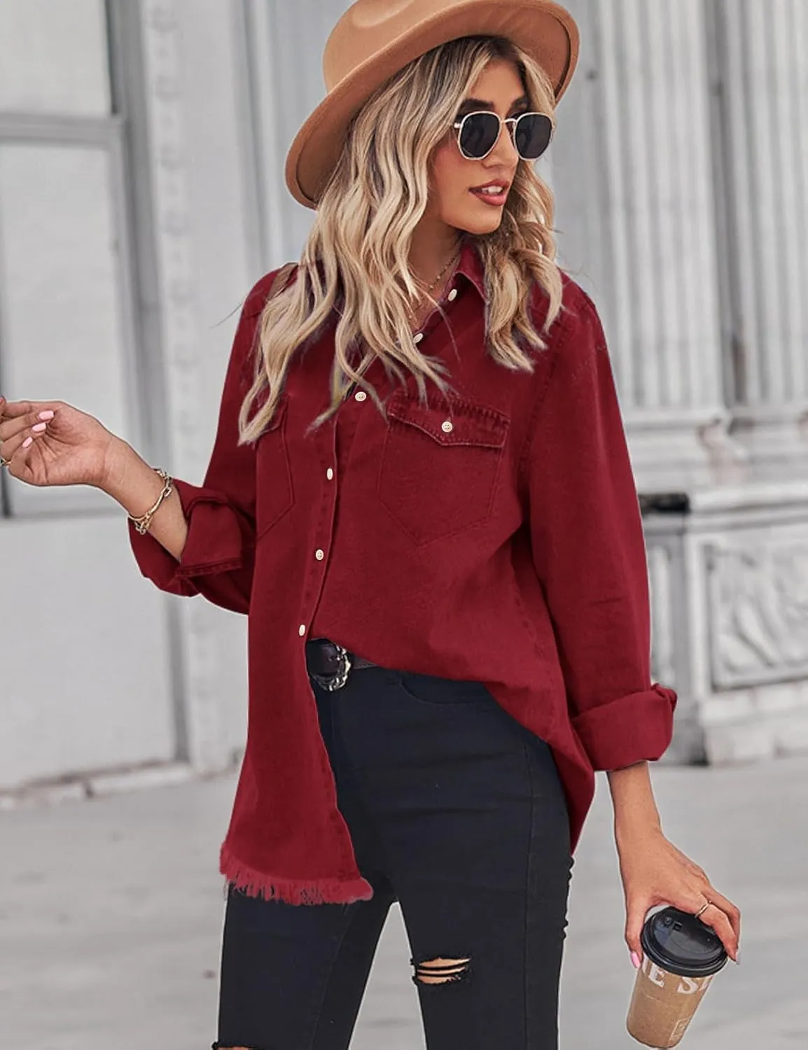 Zilcremo Women Denim Shirt Chambray Collared Jean Shirts Long Sleeve Pocket Button Down Blouses