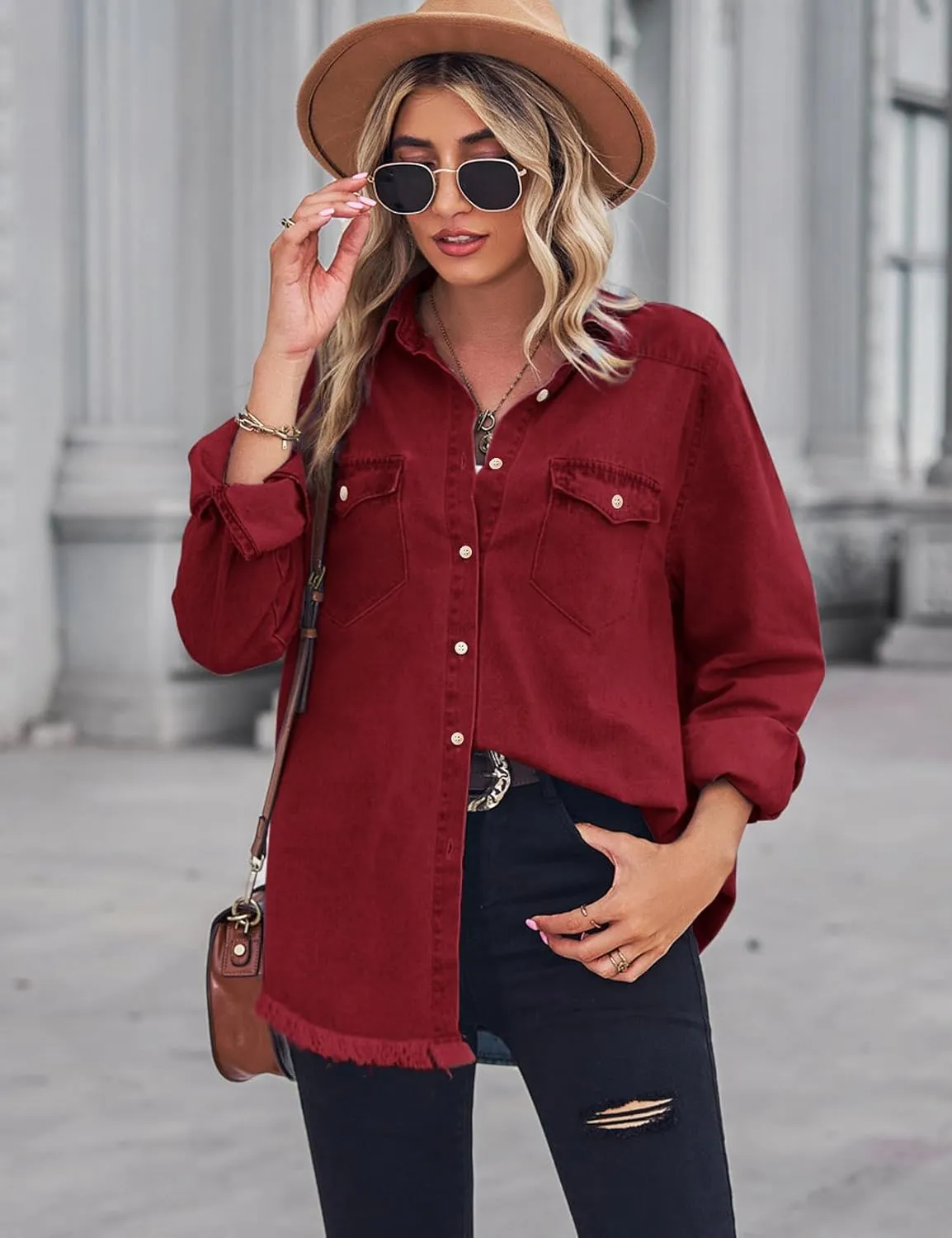 Zilcremo Women Denim Shirt Chambray Collared Jean Shirts Long Sleeve Pocket Button Down Blouses